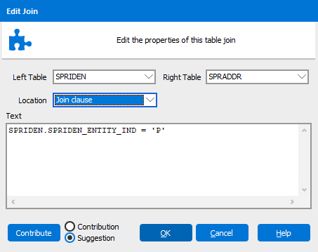 This image shows the Edit Join dialog where you can perform a Custom Text Join.  A free-form work area exists where you can specify more complex joins.